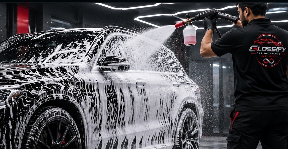 Technician foam washing a luxury car